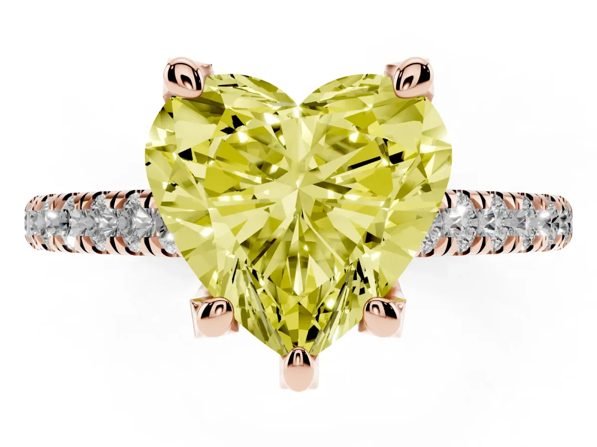 Fancy Yellow Heart Cut Brilliant Diamond Solitaire with Pavé Band and Four-Prong Setting Rose gold