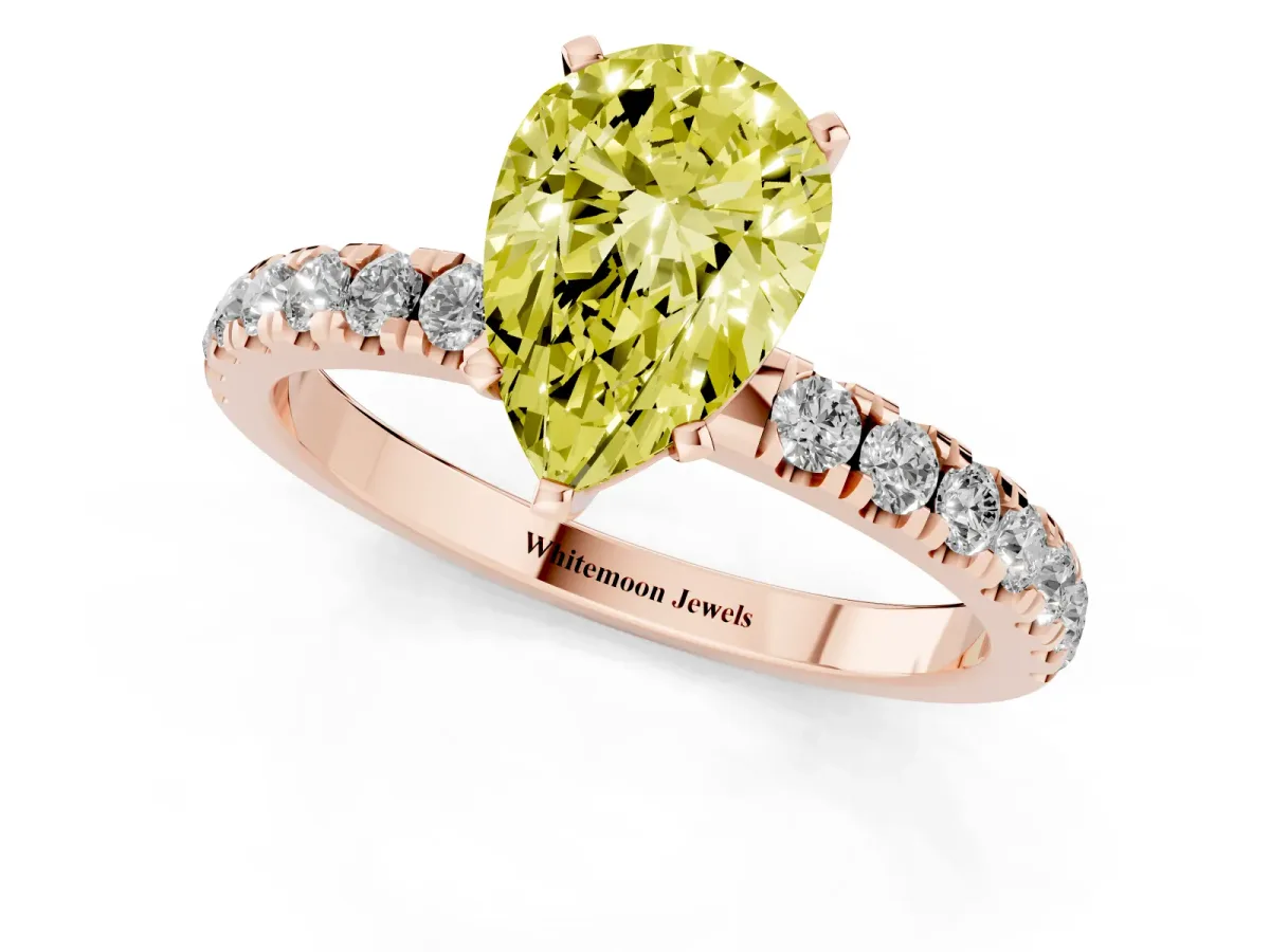 Fancy Yellow Pear Cut Diamond Solitaire Ring with Pavé Accents and Four-Prong Setting Rose gold