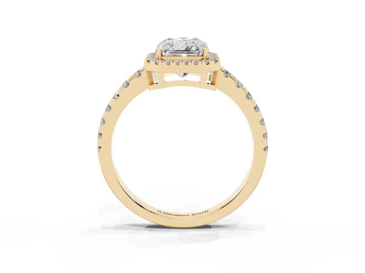 Radiant Cut Diamond Halo Ring with Pavé Band and Four-Prong Setting Yellow gold