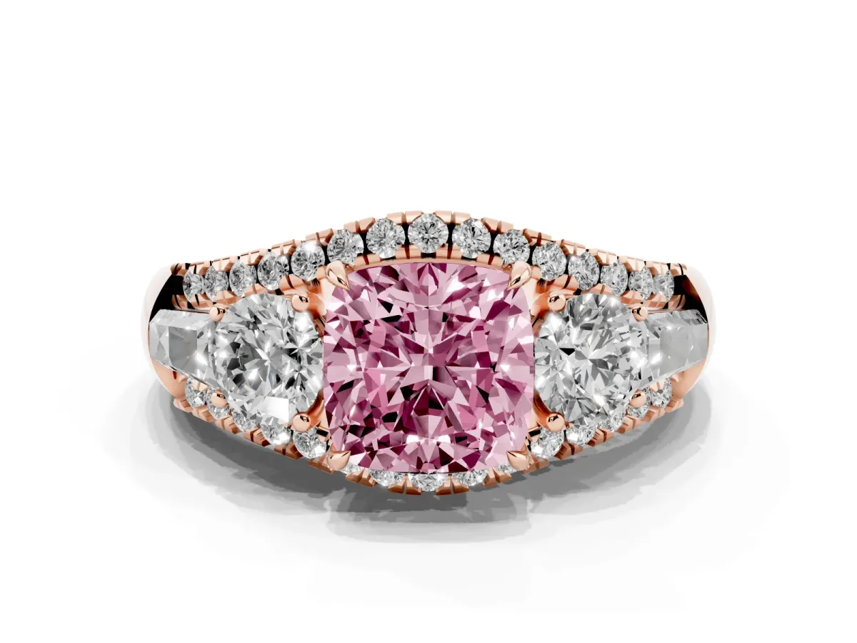 Fancy Pink Three-Stone Cushion Cut Diamond Engagement Ring with Pave Band and Prong Setting Rose gold