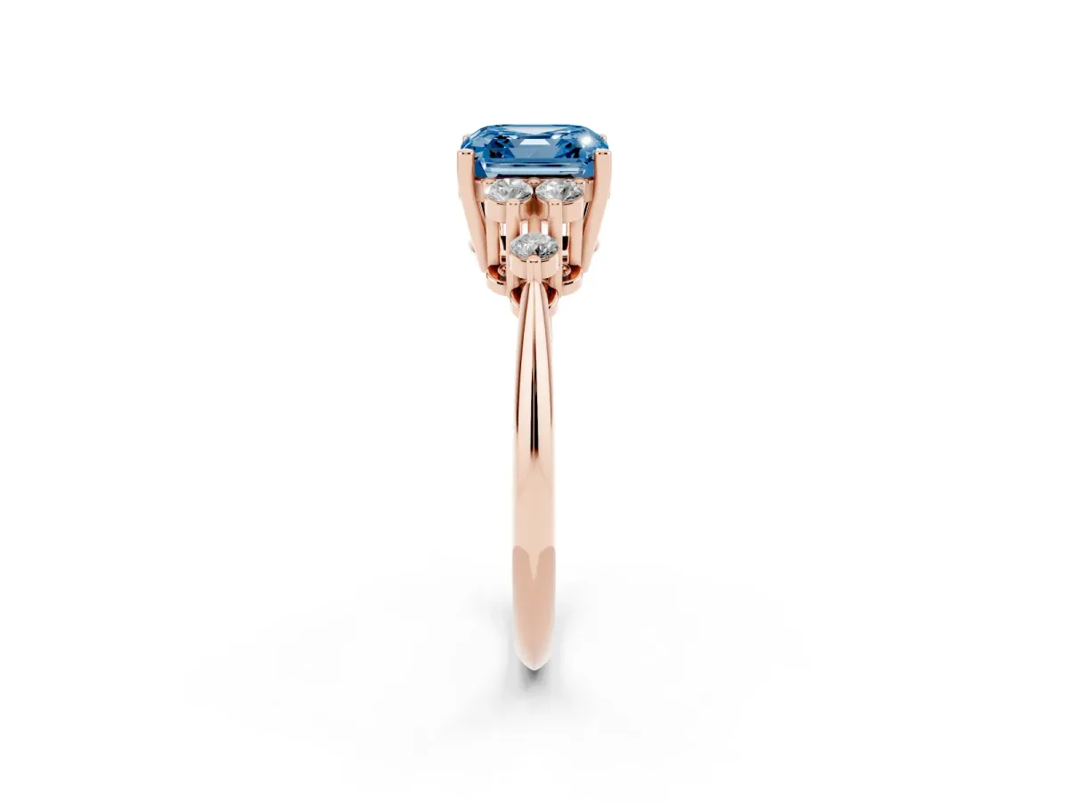 Fancy Blue Asscher Cut Cut Diamond Cluster Ring with Solitaire Band and Four-Prong Setting Rose gold