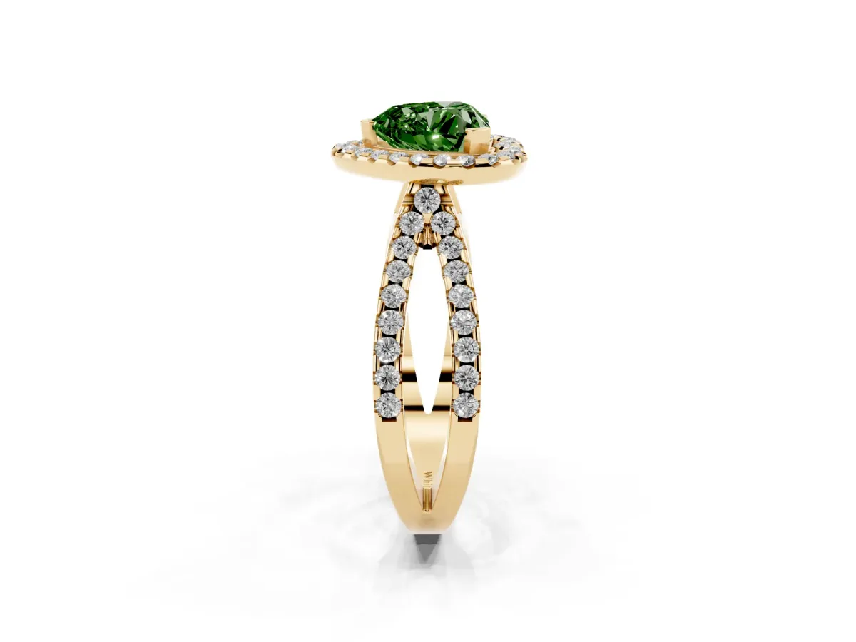 Fancy Green Heart Cut Diamond Halo Ring with Split Shank Pavé Band and Prong Setting Yellow gold