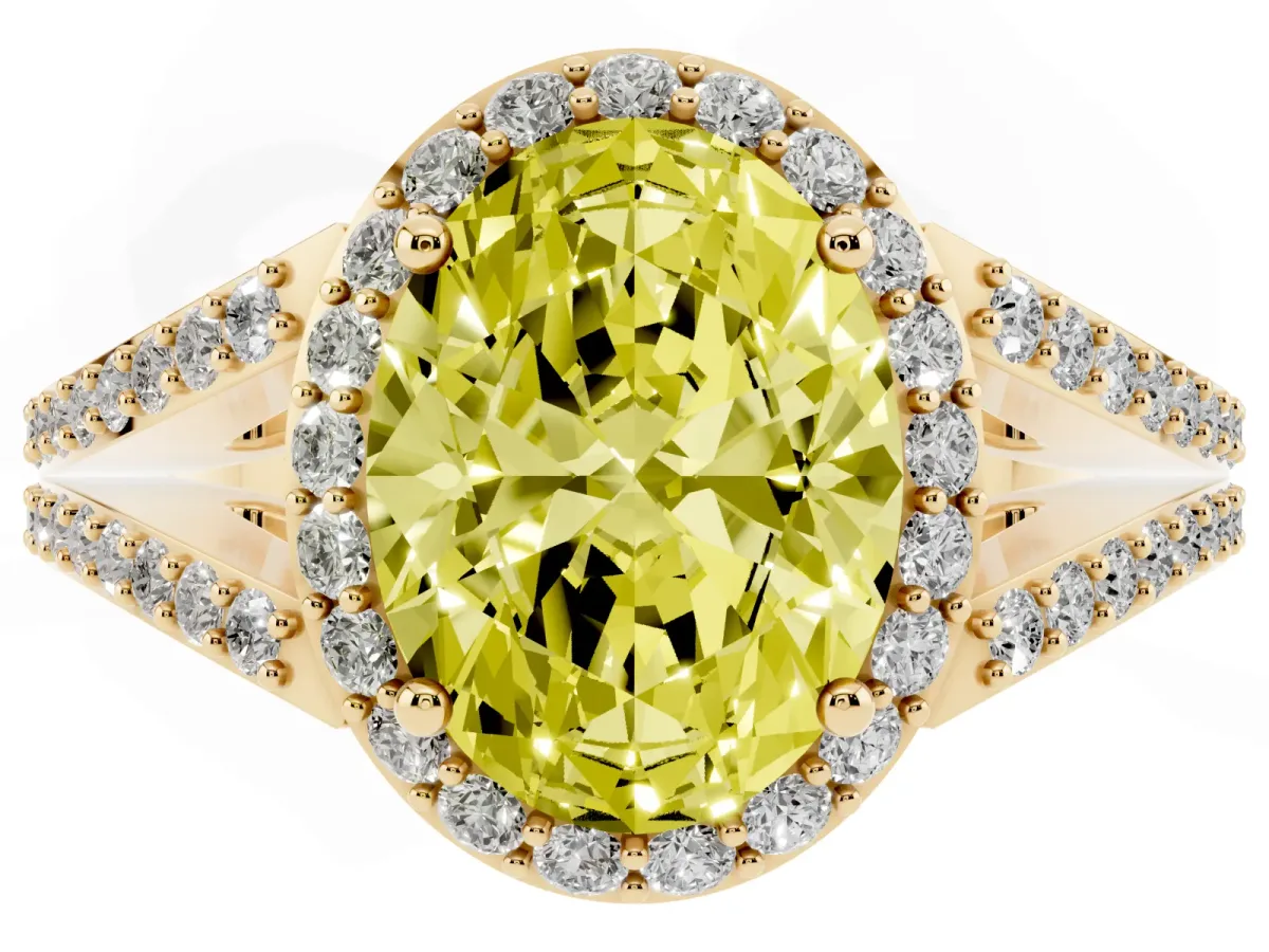 Fancy Yellow Oval Cut Halo Split Shank Diamond Ring with Prong Setting Yellow gold