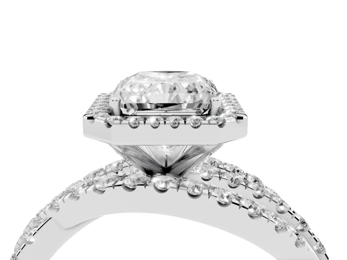 Radiant Cut Diamond Halo Ring with Round Split Shank and Prong Setting Silver