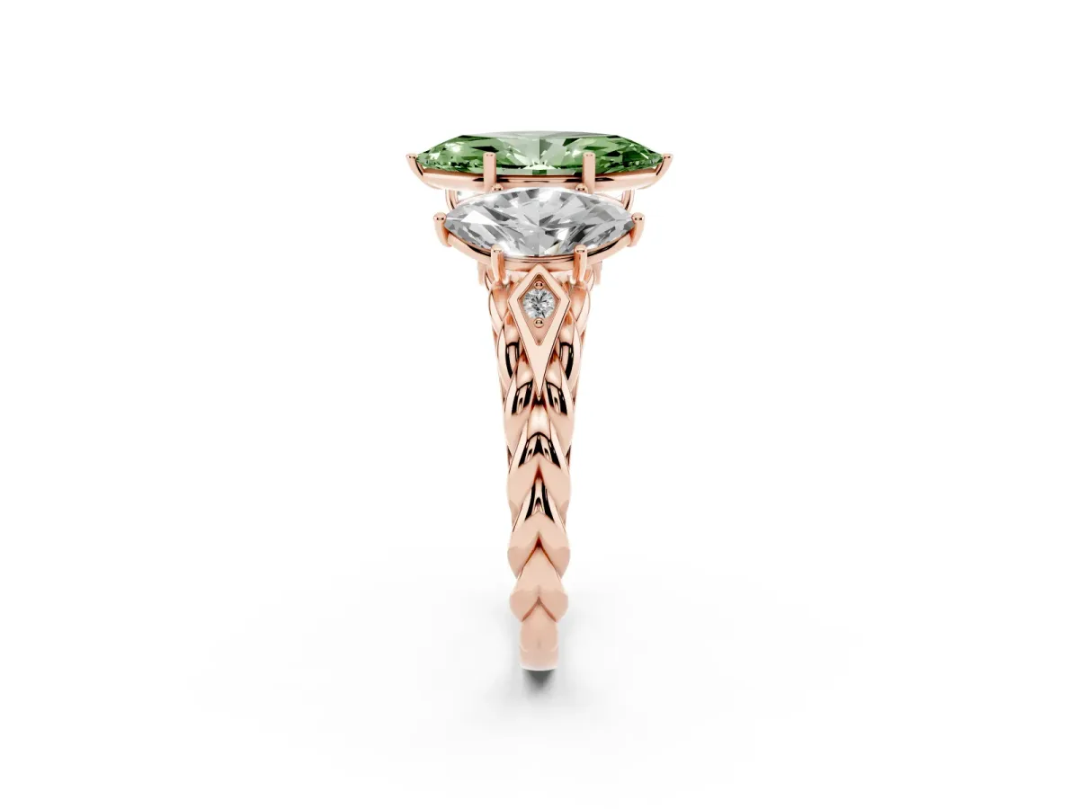 Fancy Green Three-Stone Marquise Cut Diamond Braided Band Ring with Four-Prong Setting Rose gold