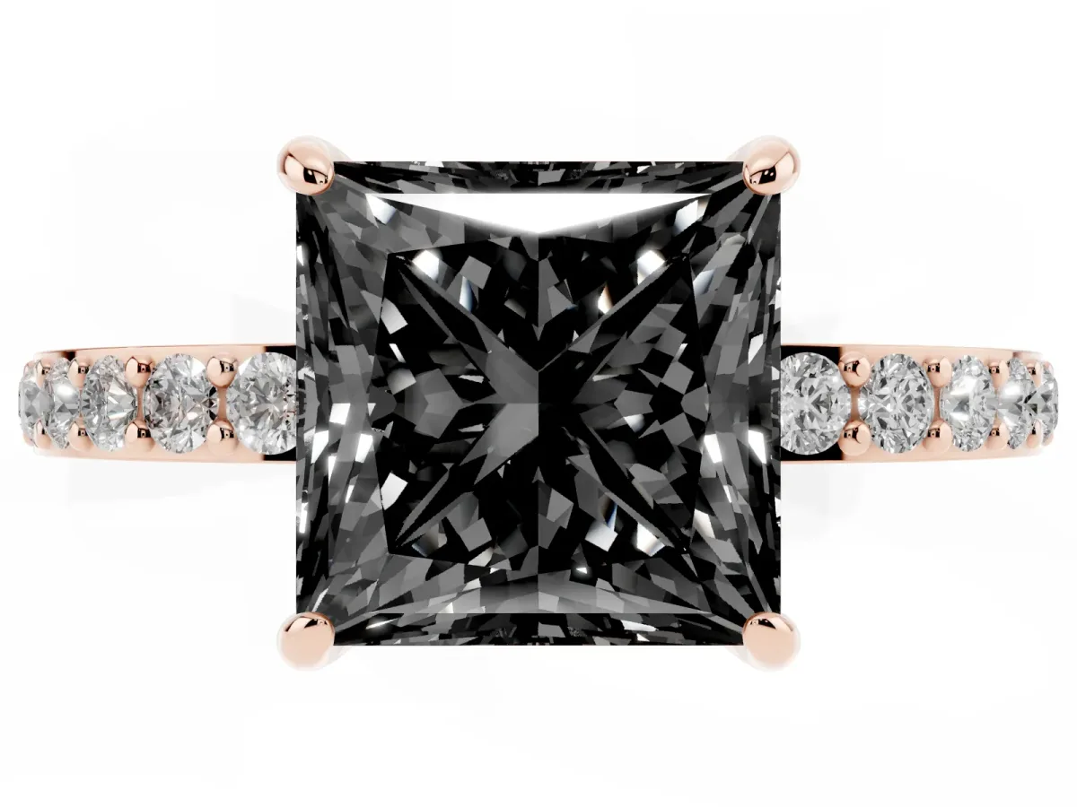 Fancy Black Princess Cut Diamond Solitaire Engagement Ring with Pavé Band and Four-Prong Setting Rose gold