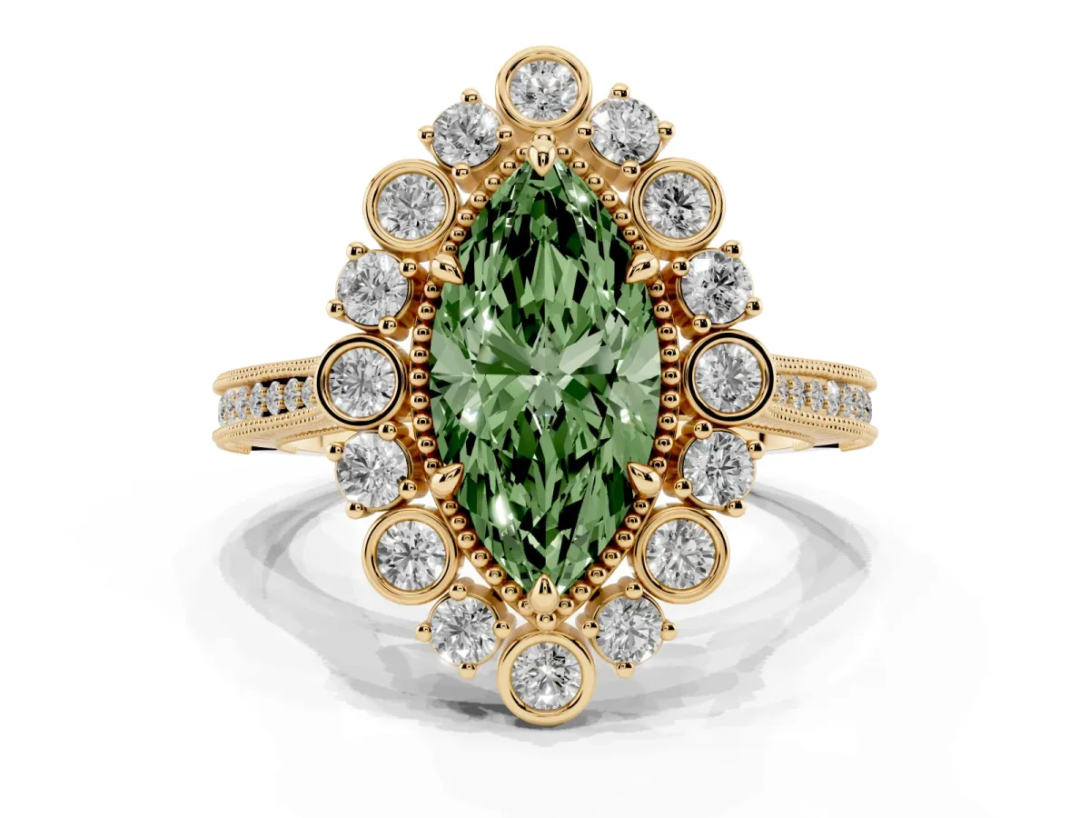 Fancy Green Marquise Cut Halo Milgrain Pave Diamond Ring with Four-Prong Setting Yellow gold