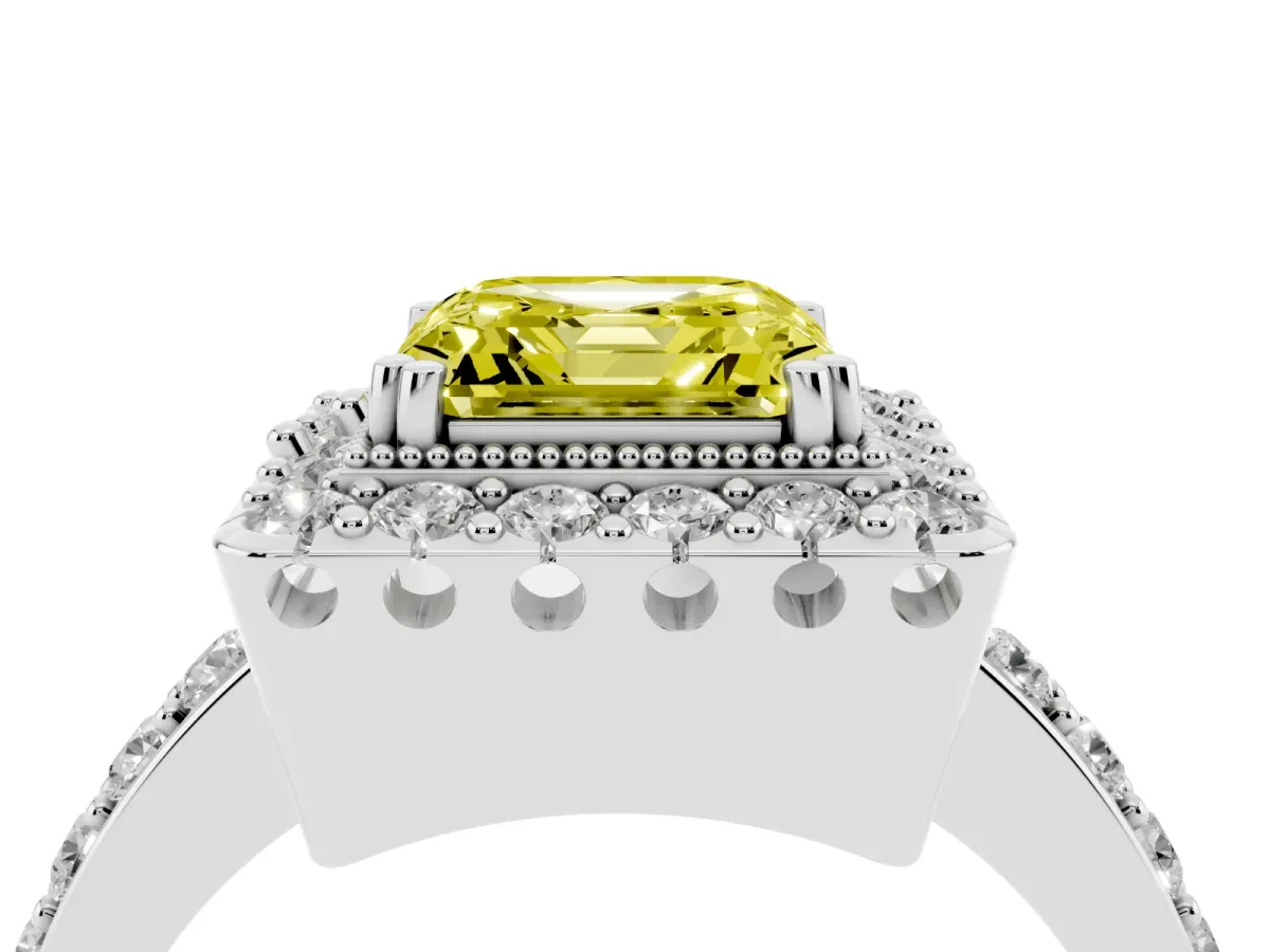 Fancy Yellow Asscher Cut Diamond Halo Ring with Pavé Band and Prong Setting Platinum