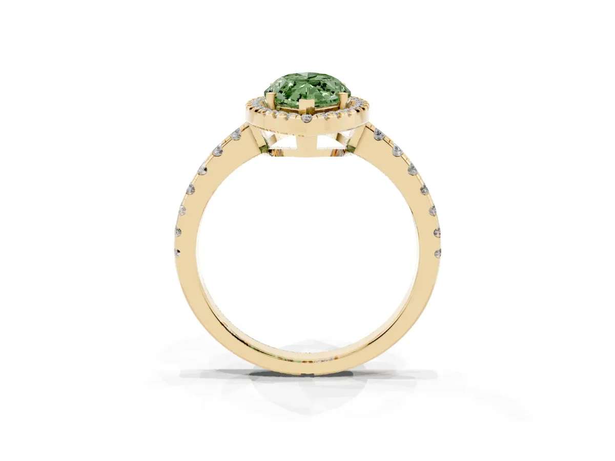 Fancy Green Marquise Cut Diamond Halo Ring with Pavé Band and Four-Prong Setting Yellow gold