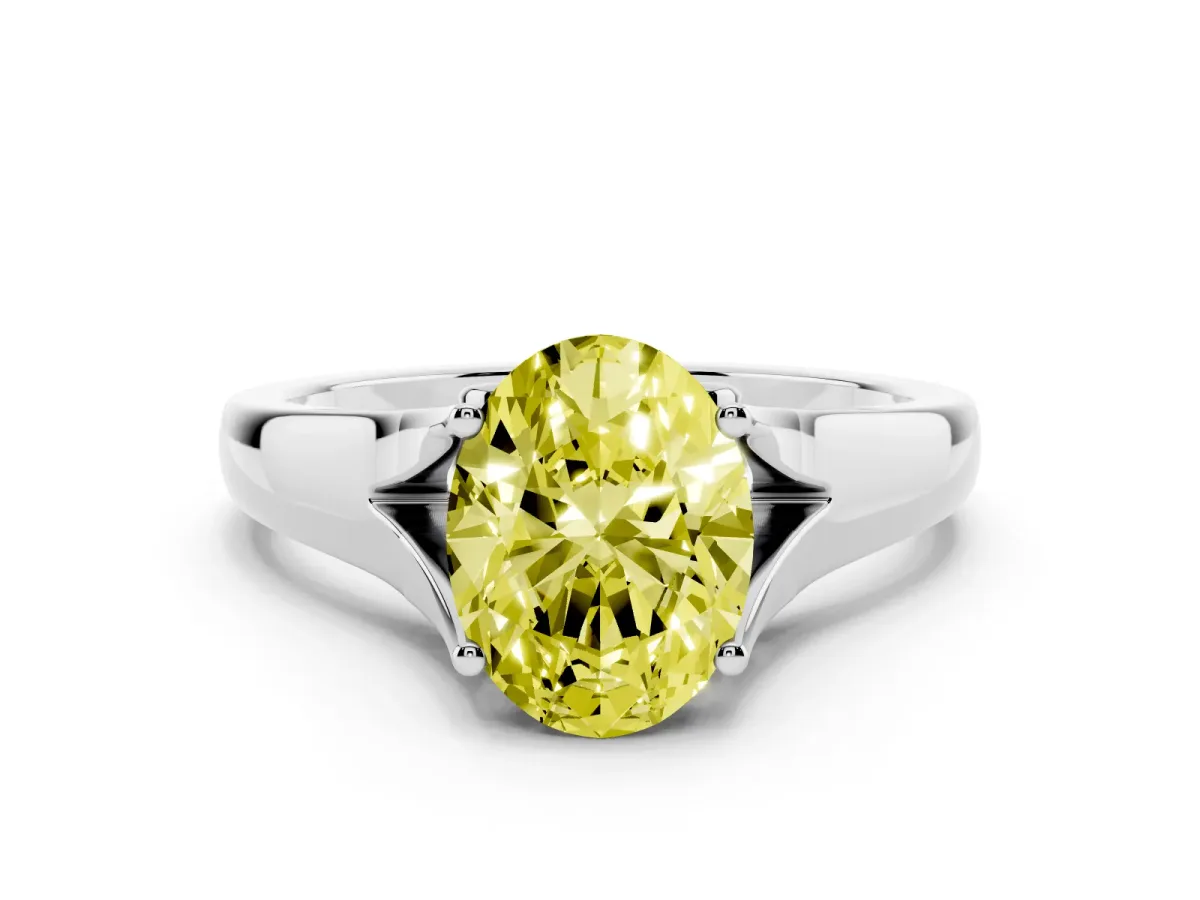 Fancy Yellow Oval Cut Solitaire Diamond Ring with Cathedral Band and Four-Prong Setting Silver