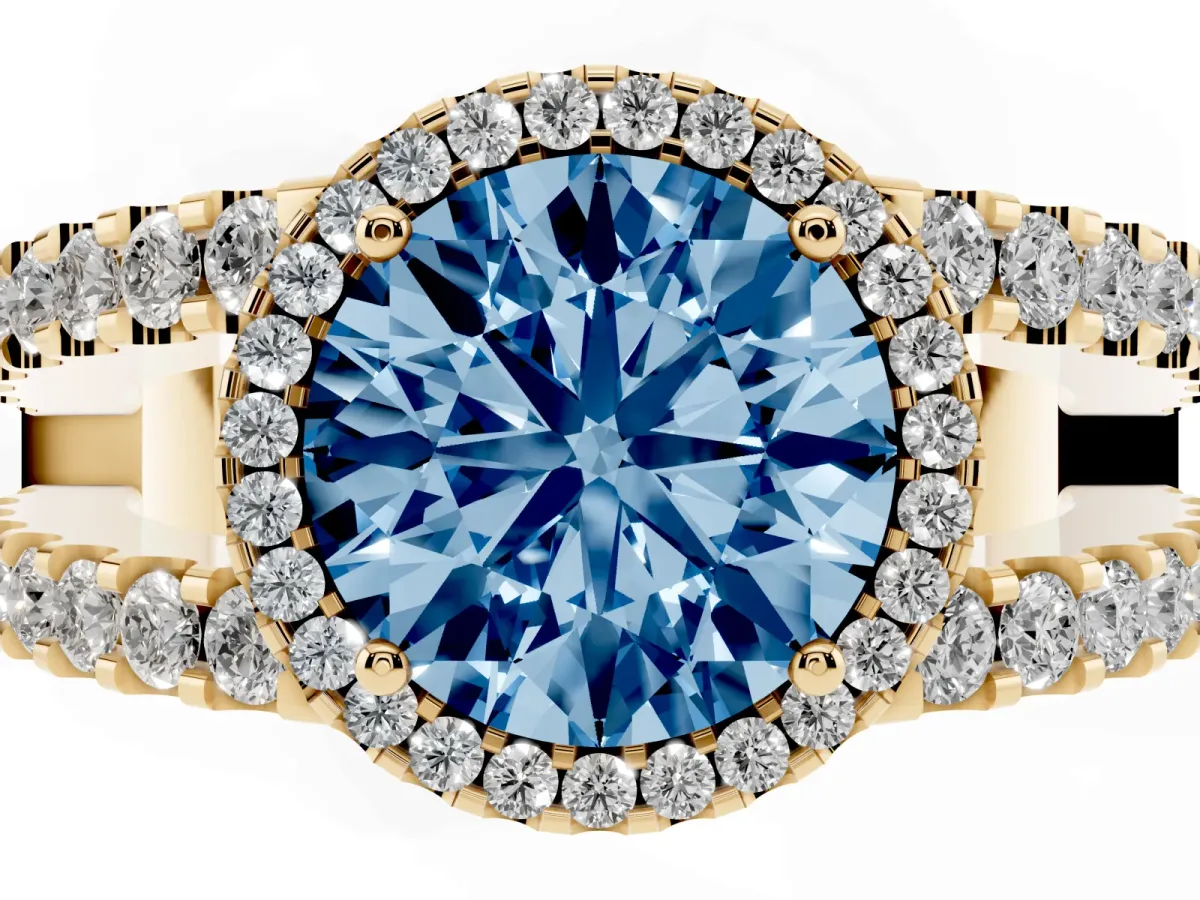 Fancy Blue Round Cut Cut Halo Split Shank Diamond Ring with Four-Prong Setting Yellow gold