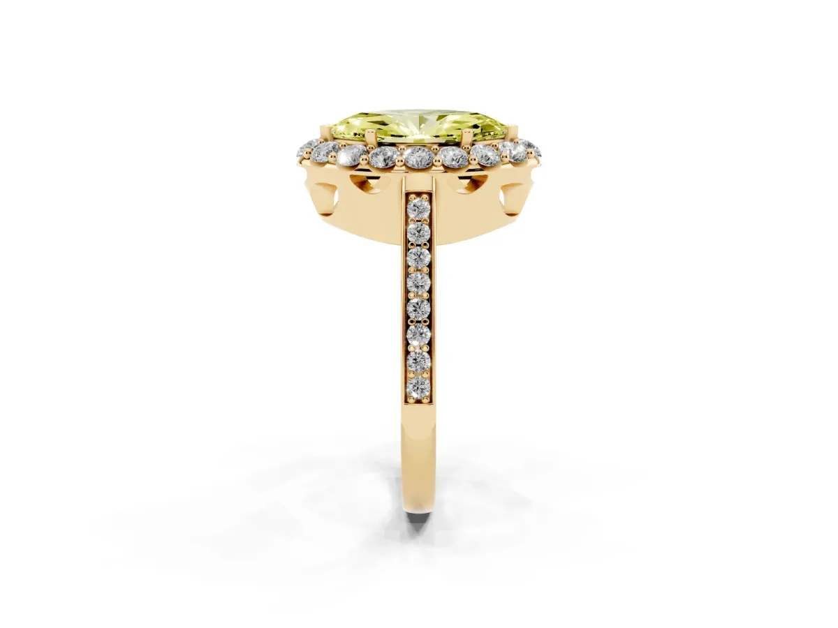 Fancy Yellow Marquise Cut Diamond Floral Halo Ring with Pavé Band and Prong Setting Yellow gold
