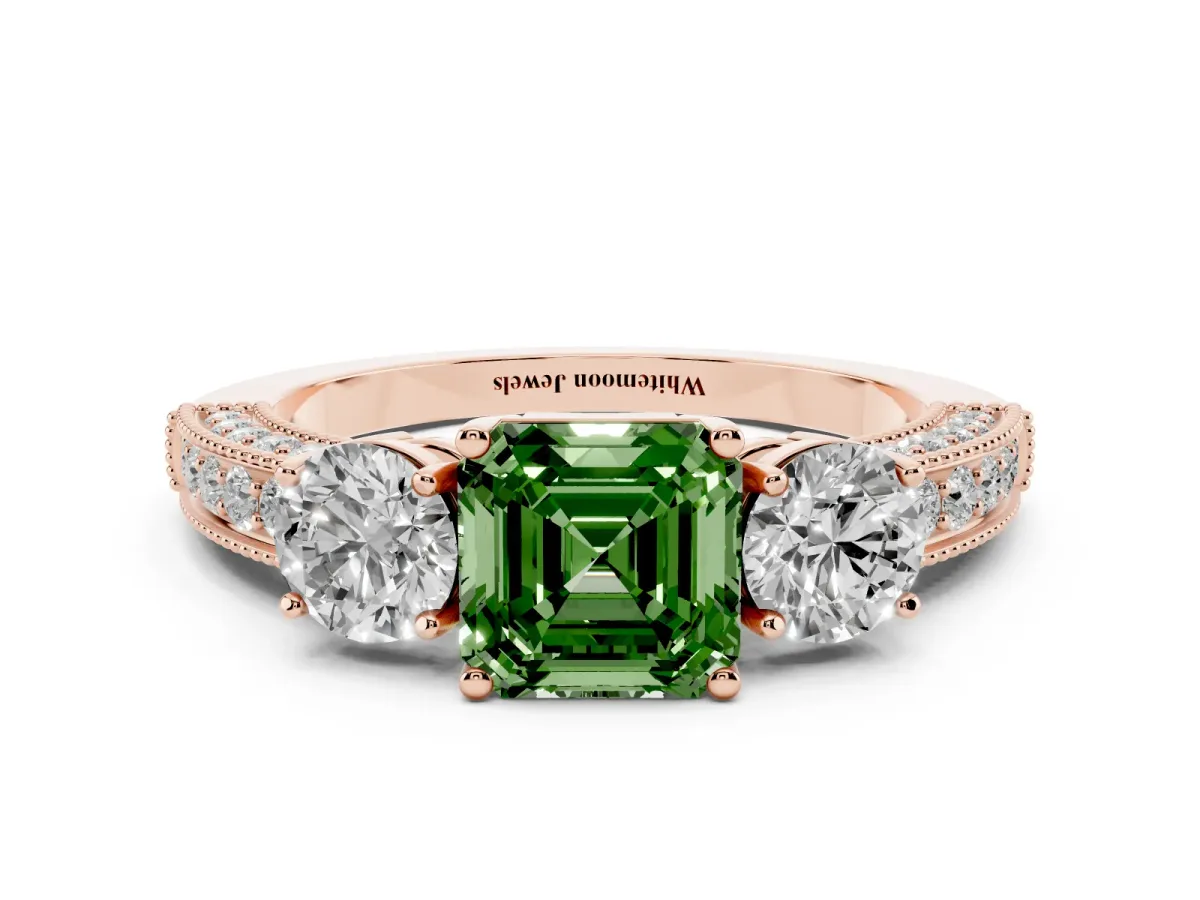 Fancy Green Asscher Cut Three-Stone Diamond Ring with Pavé Band and Four-Prong Setting Rose gold