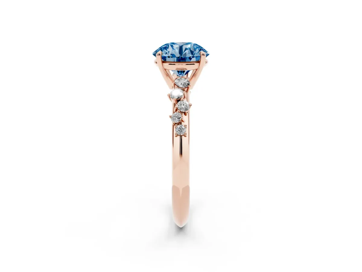 Fancy Blue Round Cut Diamond Cluster Side Stone Solitaire Ring with Prong Setting Rose gold