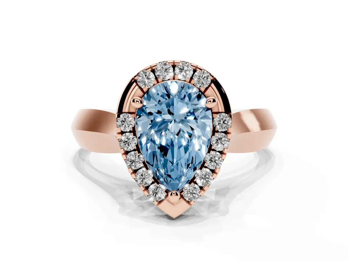 Fancy Blue Pear Cut Cut Halo Solitaire Engagement Ring with Square Band and Four-Prong Setting Rose gold