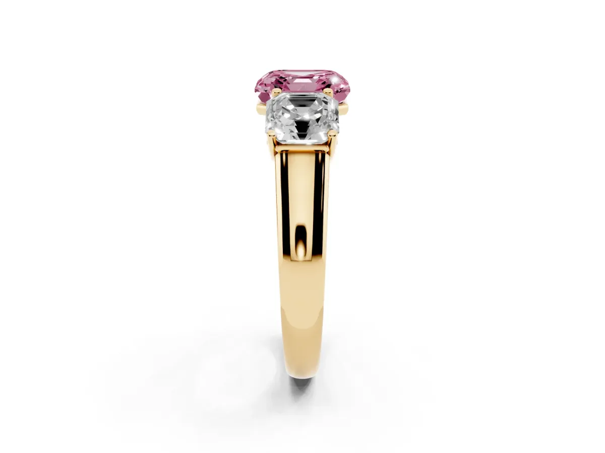 Fancy Pink Asscher Cut Three-Stone Diamond Ring with Prong Setting on a Classic Band Yellow gold