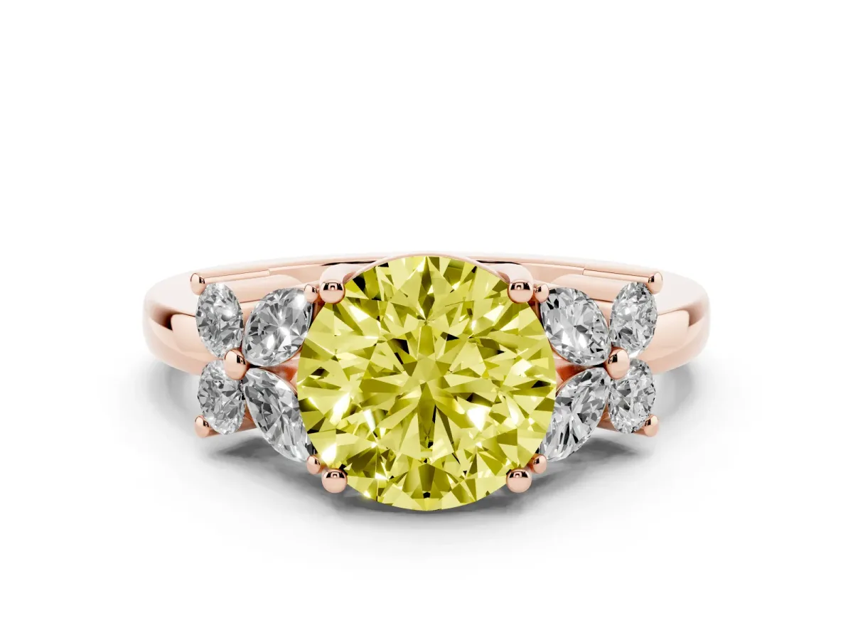 Fancy Yellow Round Cut Diamond Floral Cluster Ring with Solitaire Band and Prong Setting Rose gold