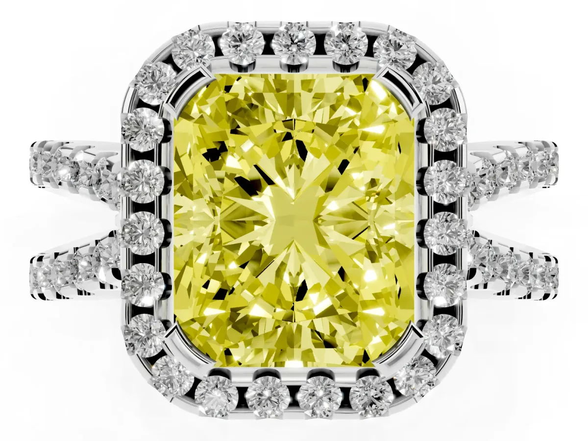 Fancy Yellow Radiant Cut Diamond Halo Ring with Split Shank Pavé Band and Prong Setting Silver