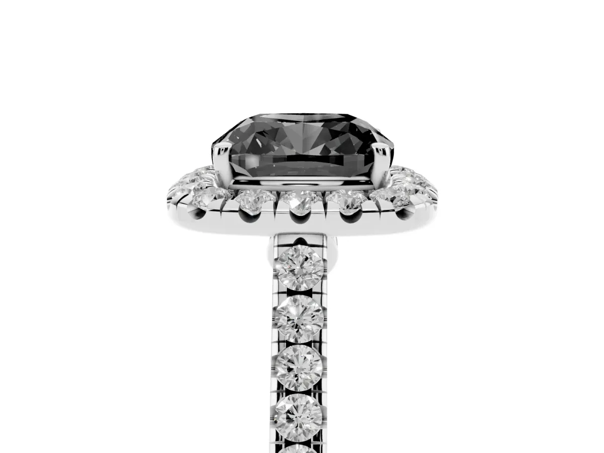 Fancy Black Cushion Cut Halo Pave Diamond Engagement Ring with Four-Prong Setting Silver