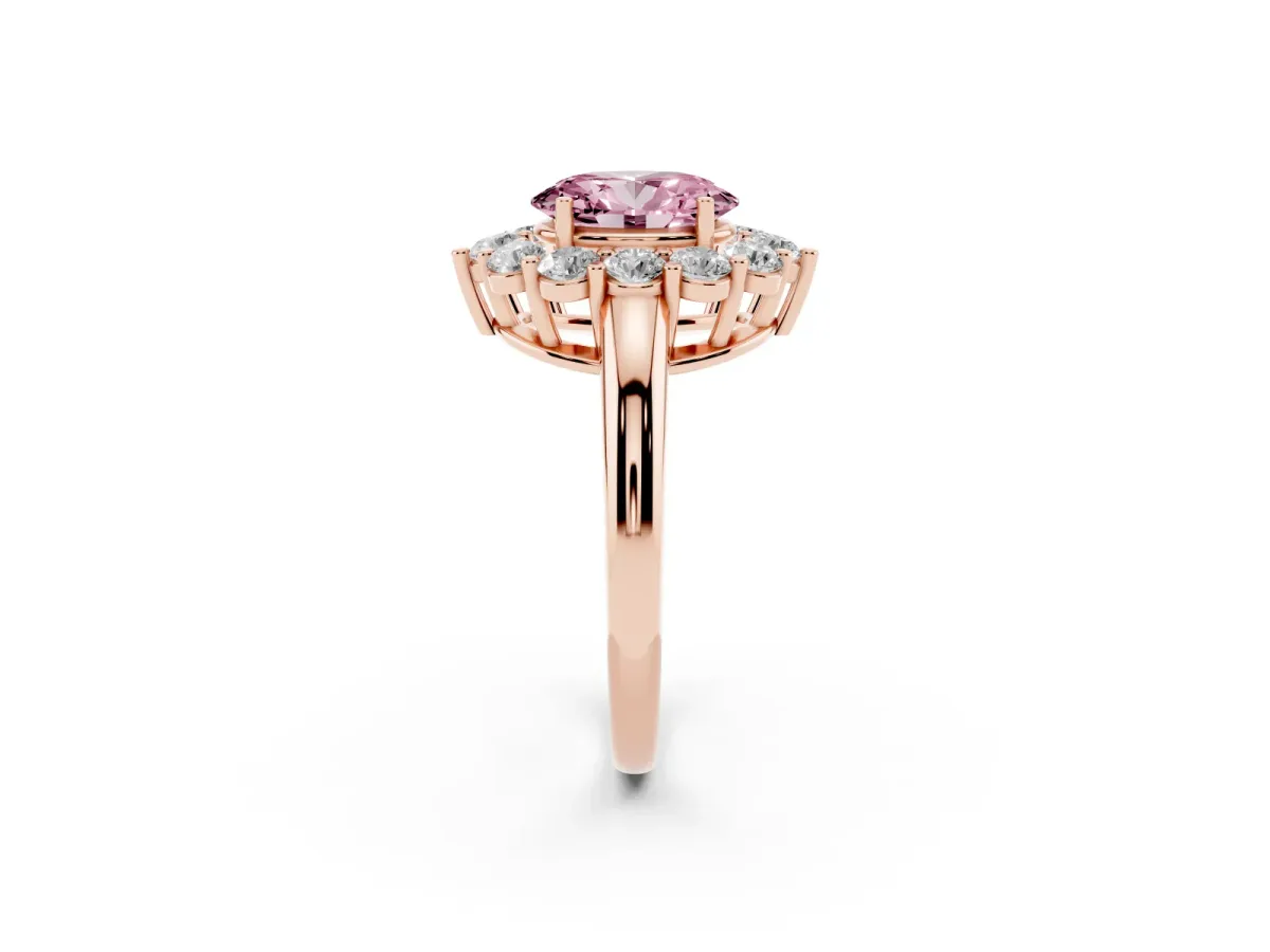 Fancy Pink Oval Cut Halo Cluster Diamond Engagement Ring with Prong Setting and Polished Band Rose gold