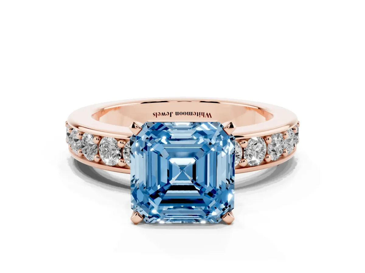 Fancy Blue Asscher Cut Diamond Engagement Ring with Channel Set Round Band and Prong Setting Rose gold