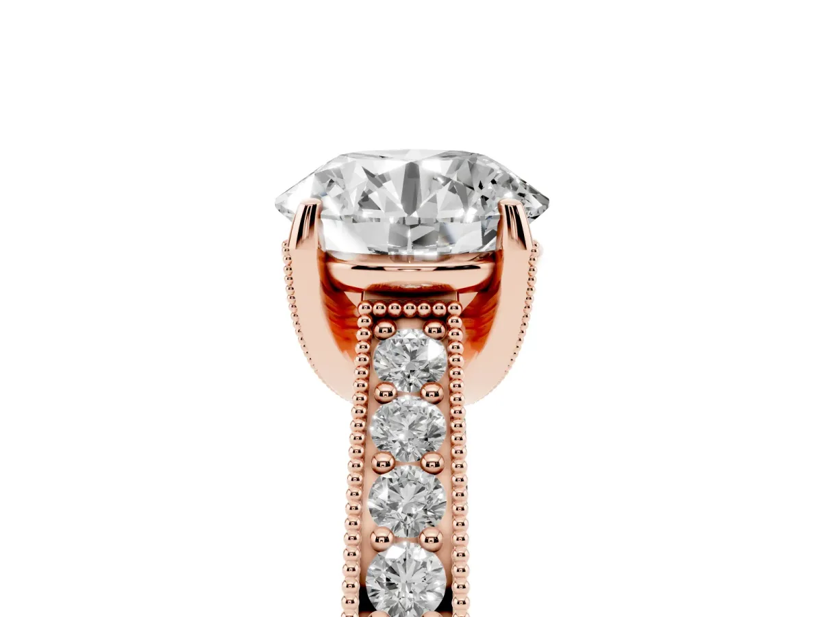 Round Cut Cut Diamond Solitaire Ring with Milgrain Pave Band and Four Prong Setting Rose gold