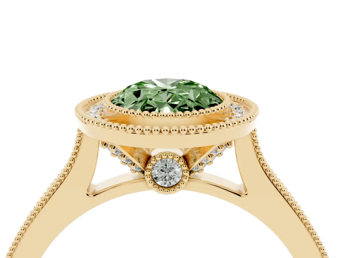 Fancy Green Halo Oval Cut-Cut Diamond Pave Band Milgrain Prong Setting Ring Yellow gold