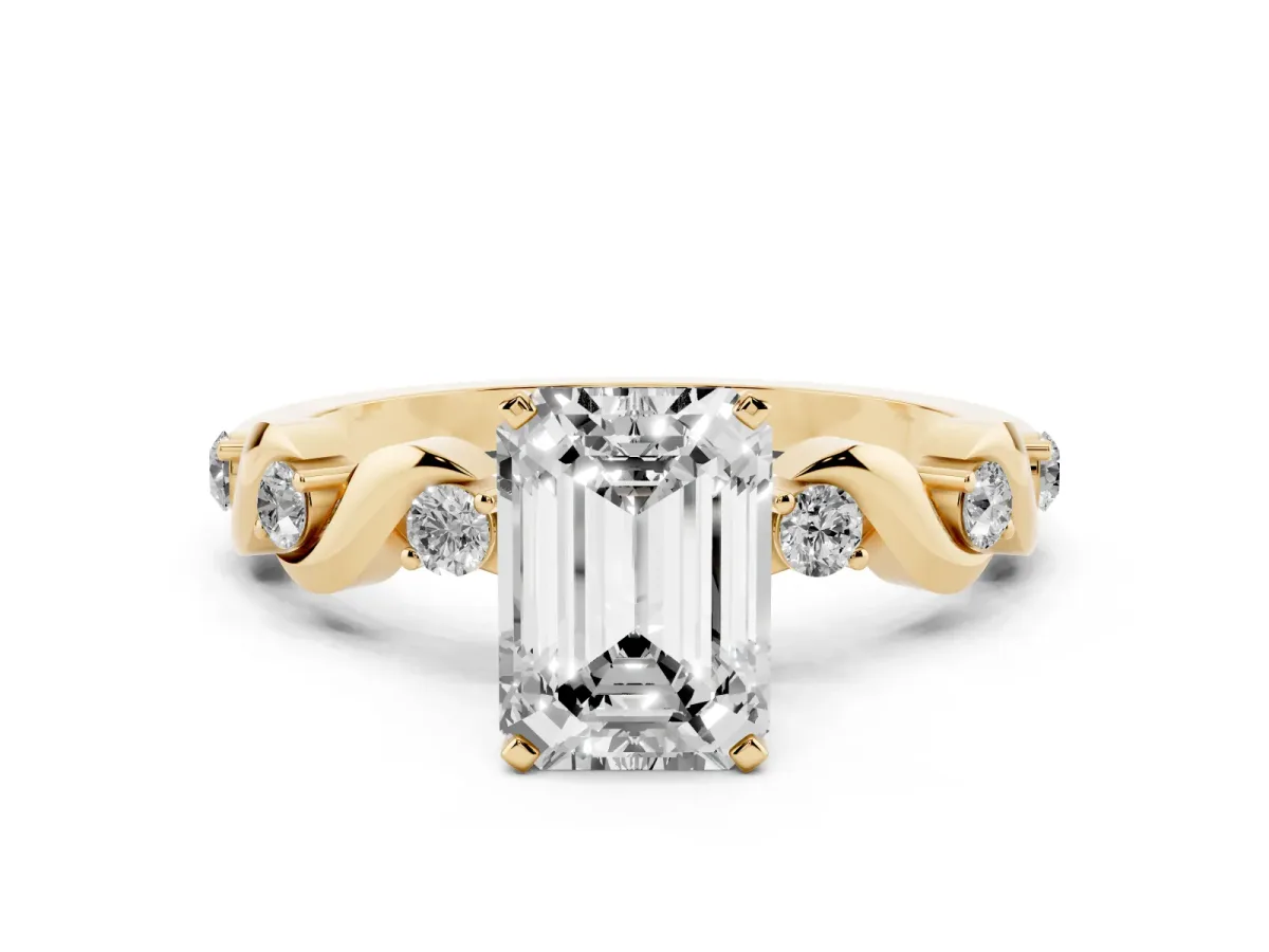 Emerald Cut Diamond Solitaire Twisted Band with Round Accents and Prong Setting Yellow gold