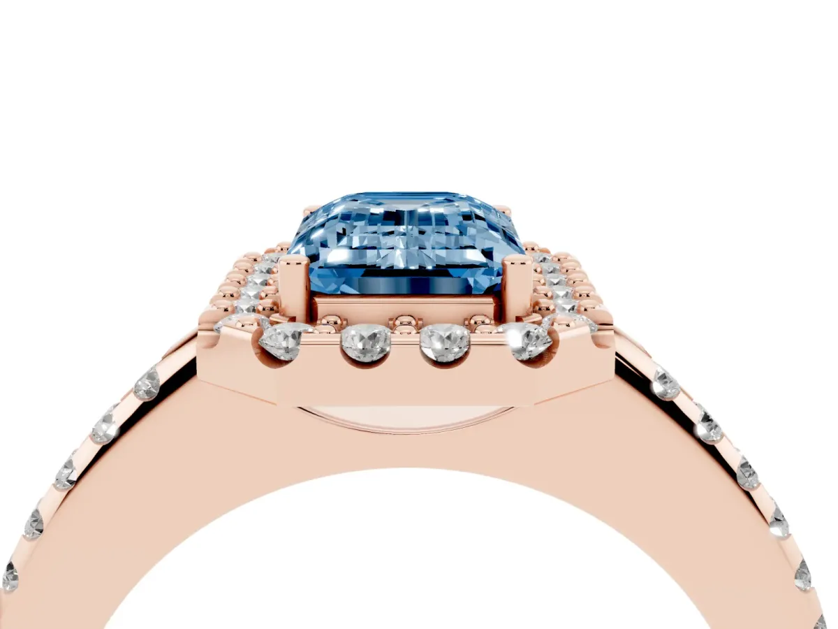 Fancy Blue Emerald Cut Diamond Pavé Halo Ring with Four-Prong Setting Rose gold