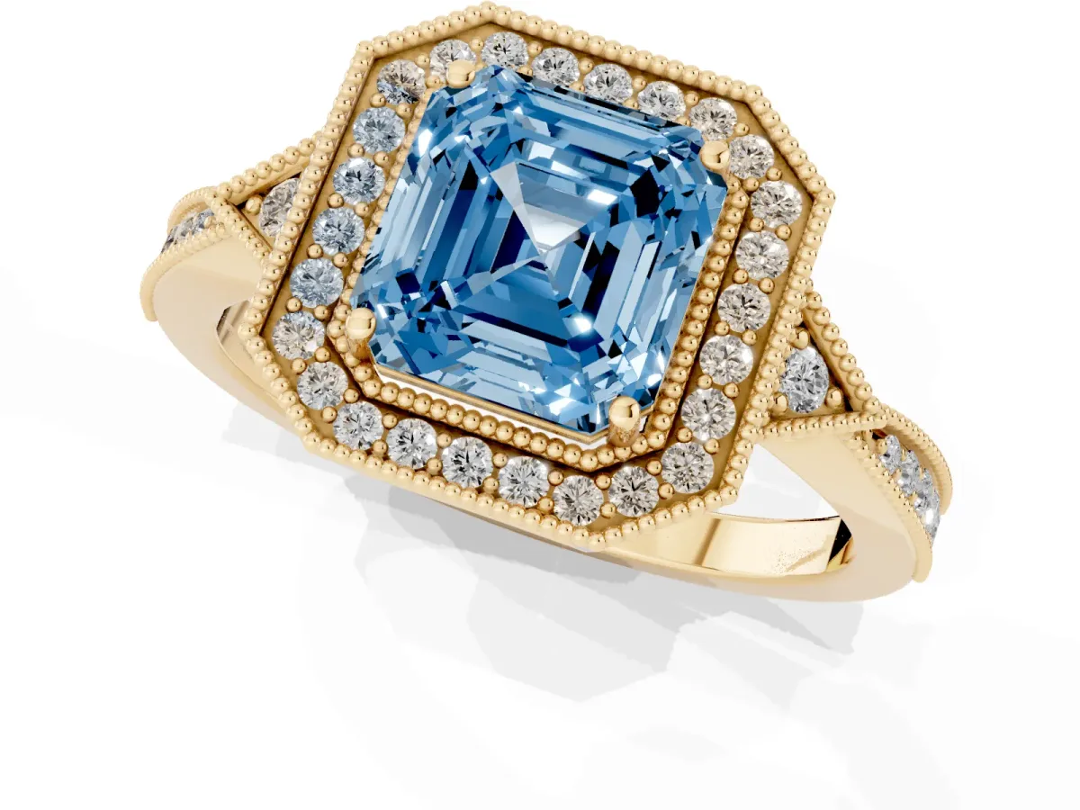 Fancy Blue Asscher Cut Halo Round Diamond Milgrain Pave Engagement Ring Yellow gold