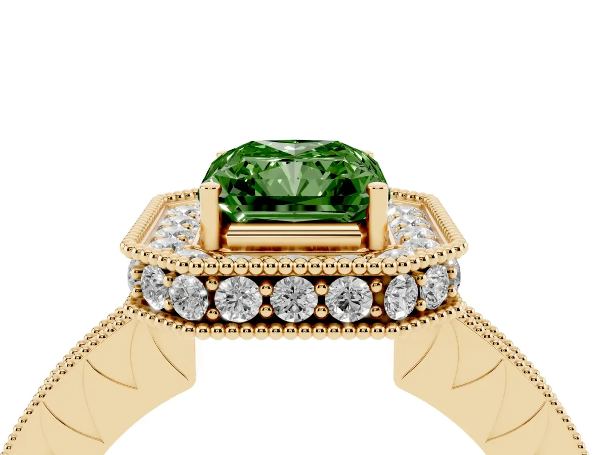 Fancy Green Radiant Cut Diamond Milgrain Halo Engagement Ring with Round Pavé Band and Prong Setting Yellow gold