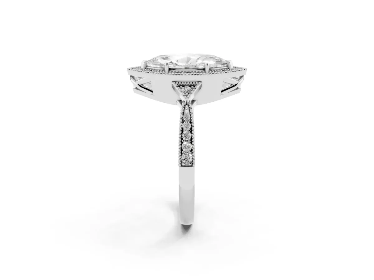 Marquise Cut Halo Round Diamond Milgrain Pave Engagement Ring Silver