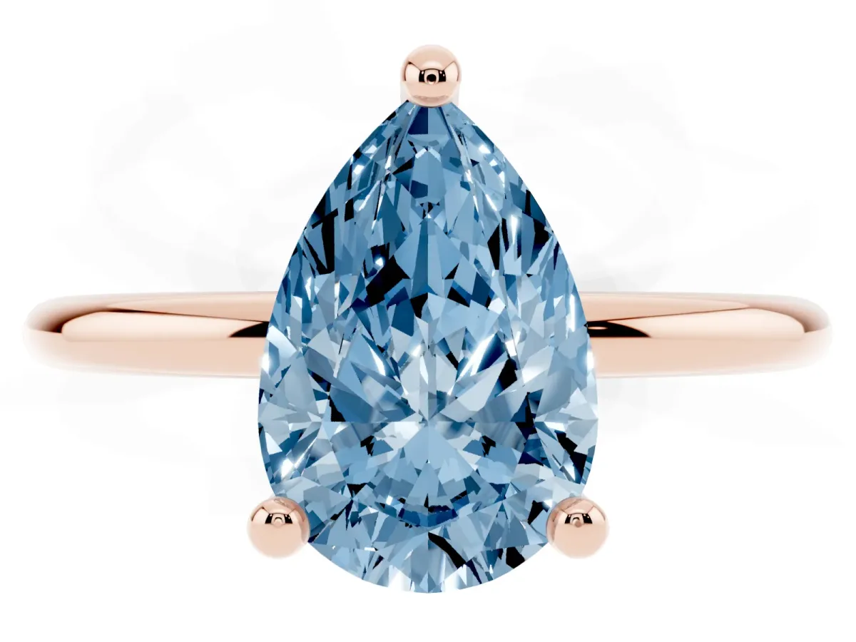 Fancy Blue Pear Cut Solitaire Diamond Ring with 4-Prong Setting on a Classic Band Rose gold