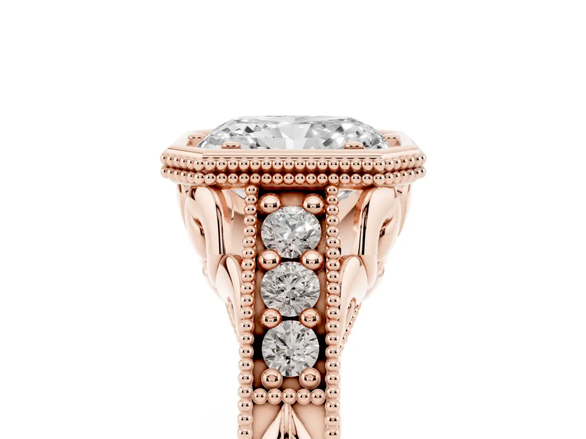 Bezel Set Radiant Cut Diamond Milgrain Pave Engagement Ring Rose gold