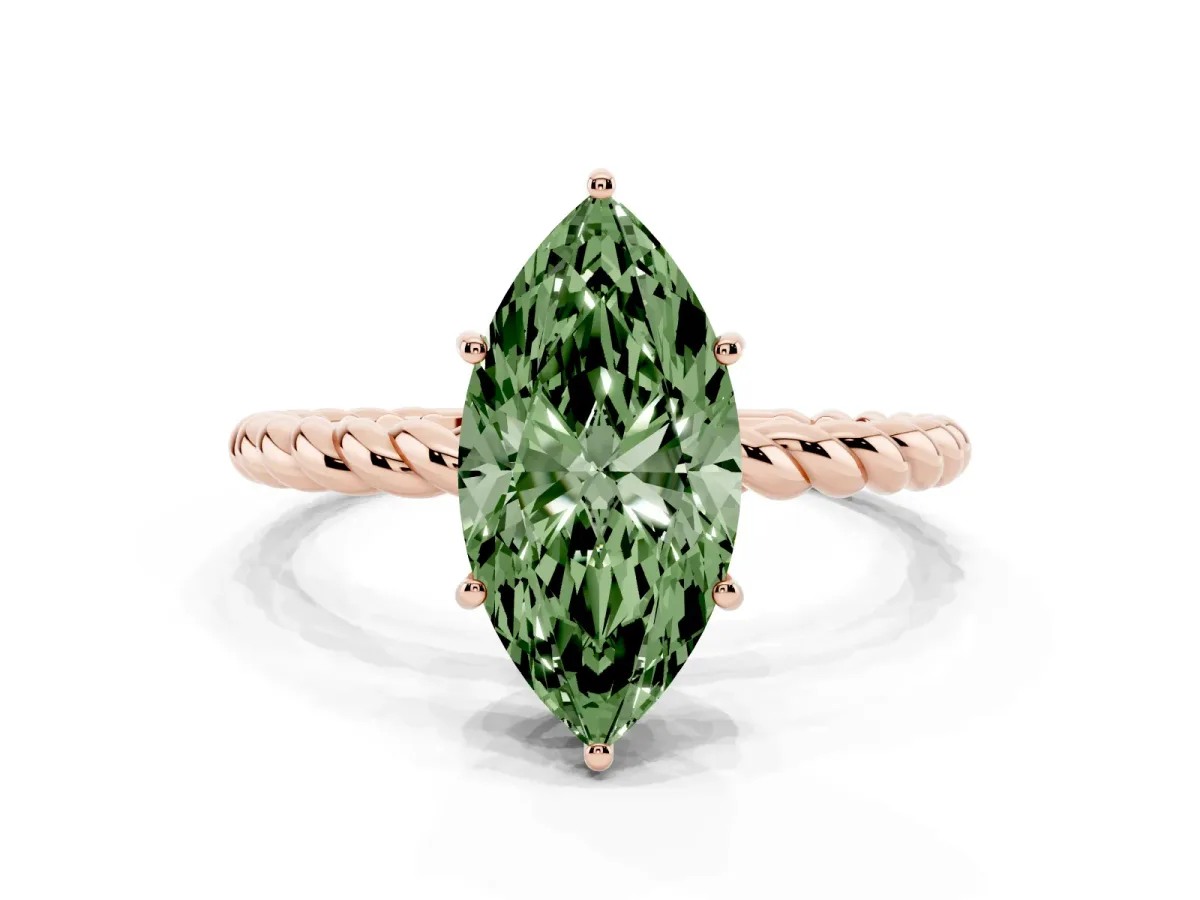 Fancy Green Marquise Cut Solitaire Twist Band Ring with Four-Prong Setting Rose gold