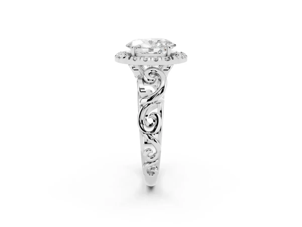 Oval Cut Cut Halo Diamond Ring with Scrollwork Band and Four-Prong Setting Silver