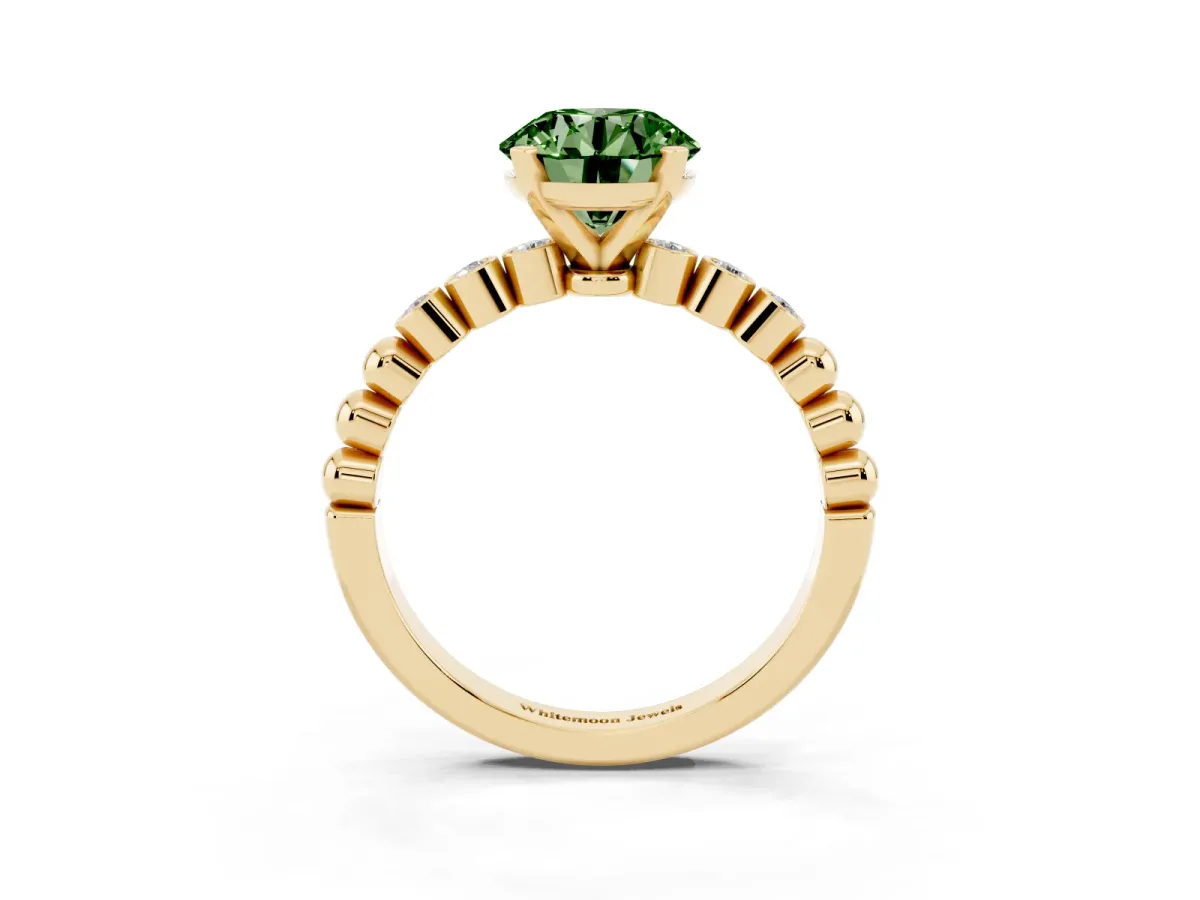 Fancy Green Round Cut Solitaire Bezel Accent Diamond Engagement Ring with Beaded Band and Four-Prong Setting Yellow gold