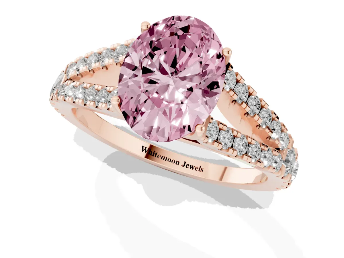 Fancy Pink Oval Cut Diamond Split Shank Pavé Engagement Ring with Four-Prong Setting Rose gold