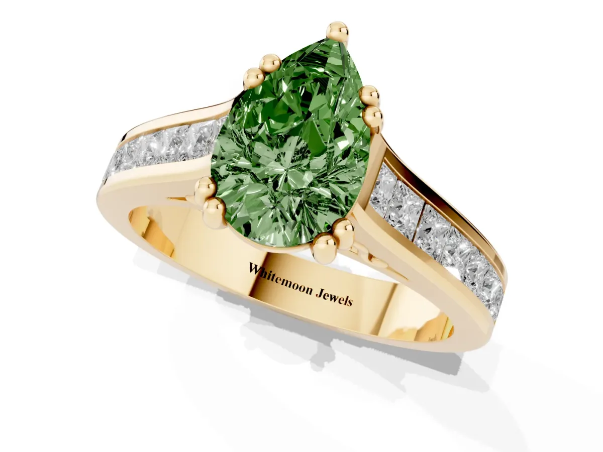 Fancy Green Pear Cut Cut Channel Set Solitaire Engagement Ring with Prong Setting Yellow gold