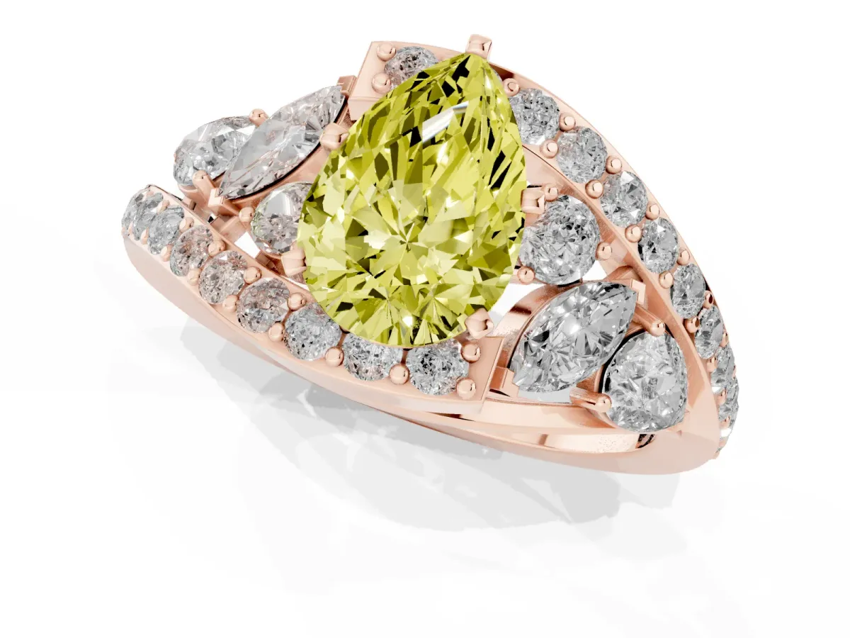 Fancy Yellow Pear Cut Diamond Halo Ring with Marquise and Pavé Band in Prong Setting Rose gold