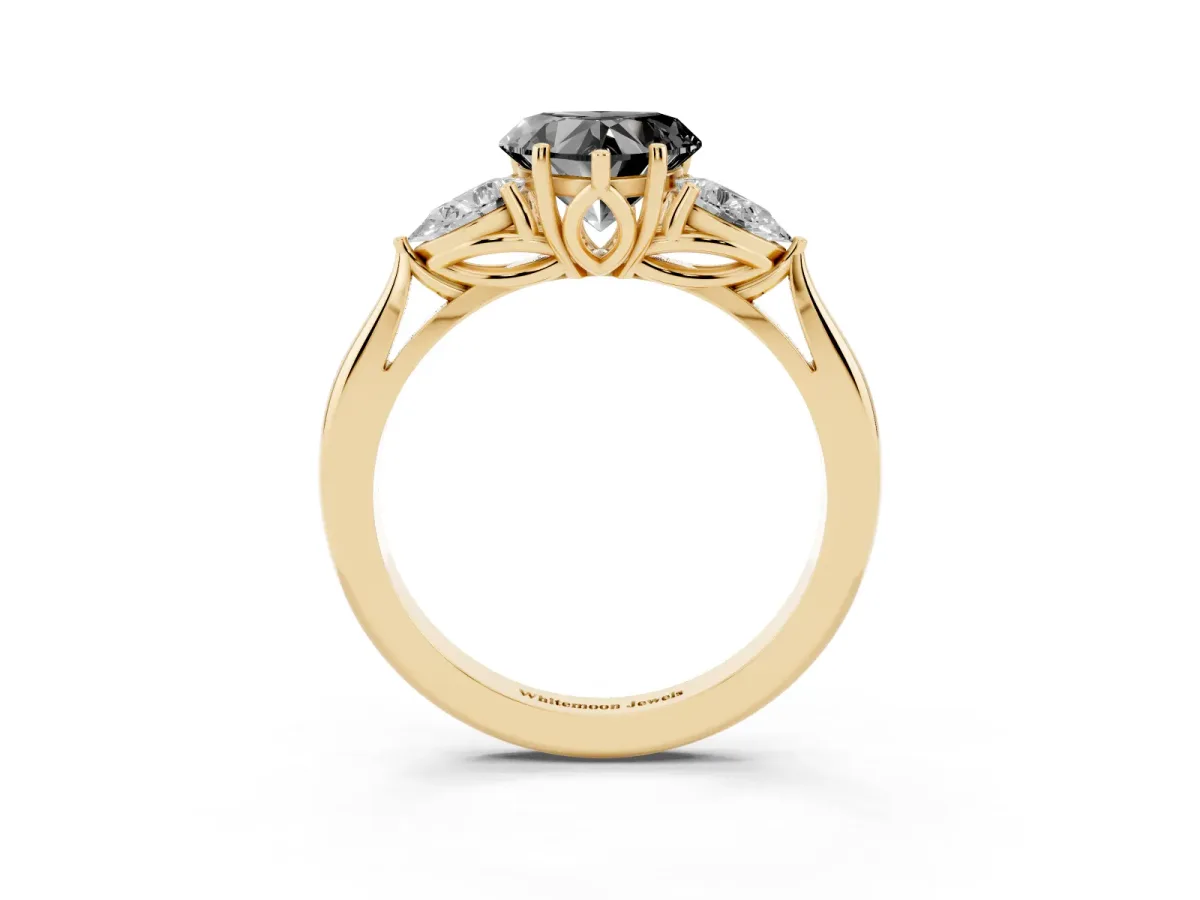 Fancy Black Three-Stone Heart Cut Brilliant Diamond Solitaire Ring with Tapered Band and Four-Prong Setting Yellow gold