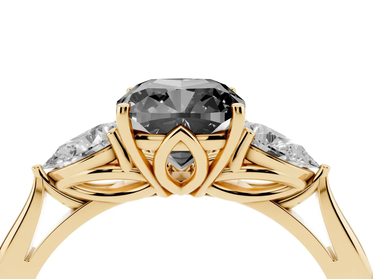 Fancy Black Three-Stone Cushion Cut Brilliant Diamond Solitaire Ring with Tapered Band and Four-Prong Setting Yellow gold