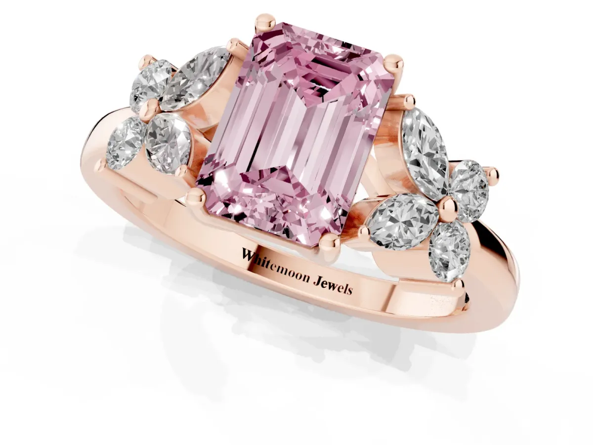 Fancy Pink Emerald Cut Diamond Floral Cluster Ring with Solitaire Band and Prong Setting Rose gold