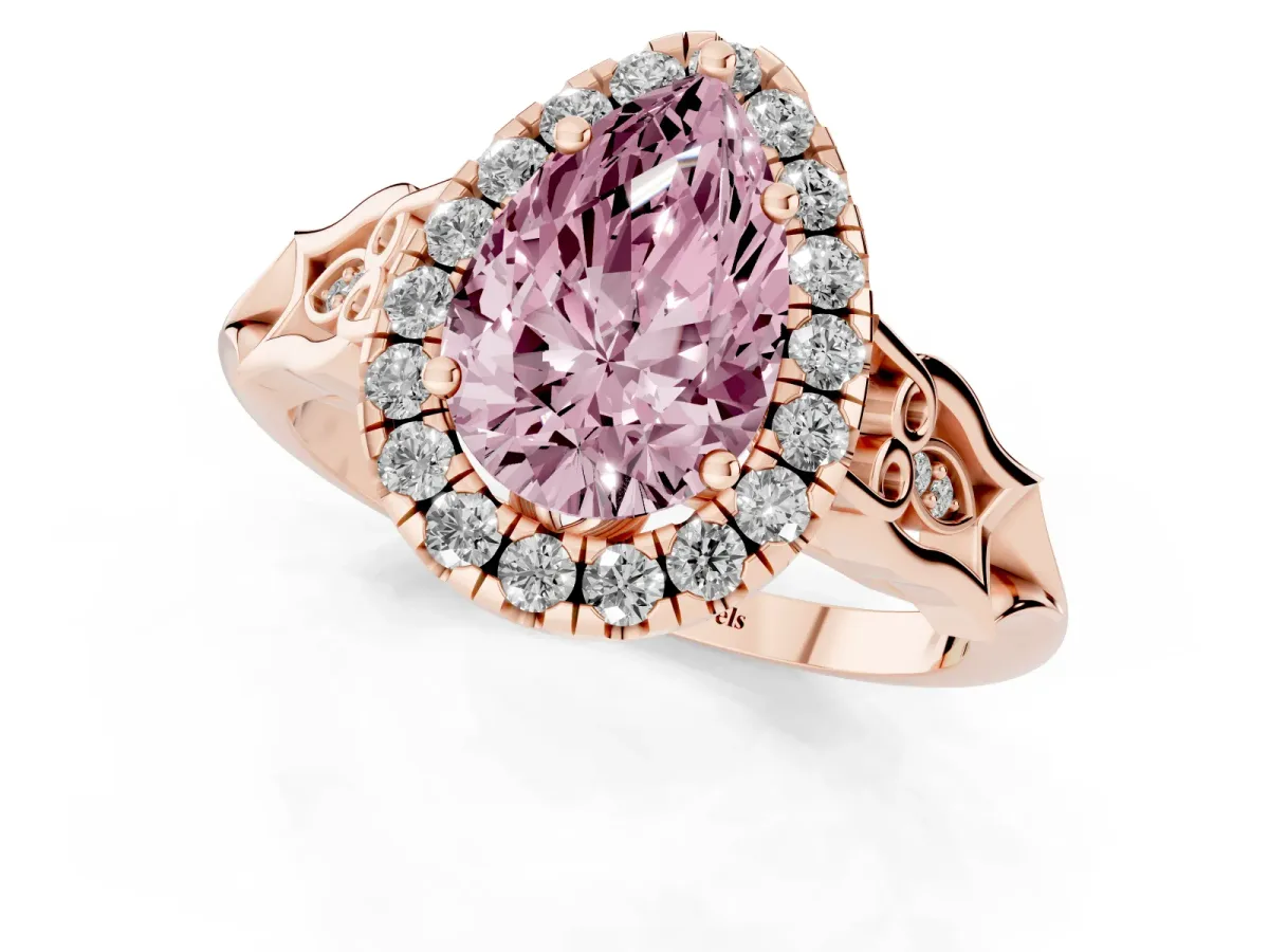 Fancy Pink Pear Cut Halo Diamond Engagement Ring with Filigree Band and Four-Prong Setting Rose gold