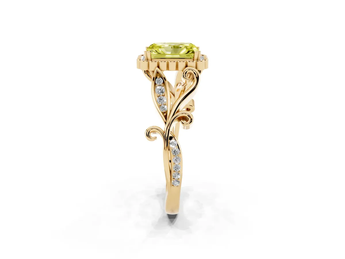 Fancy Yellow Radiant Cut Diamond Halo Ring with Vintage Split Shank and Four-Prong Setting Yellow gold