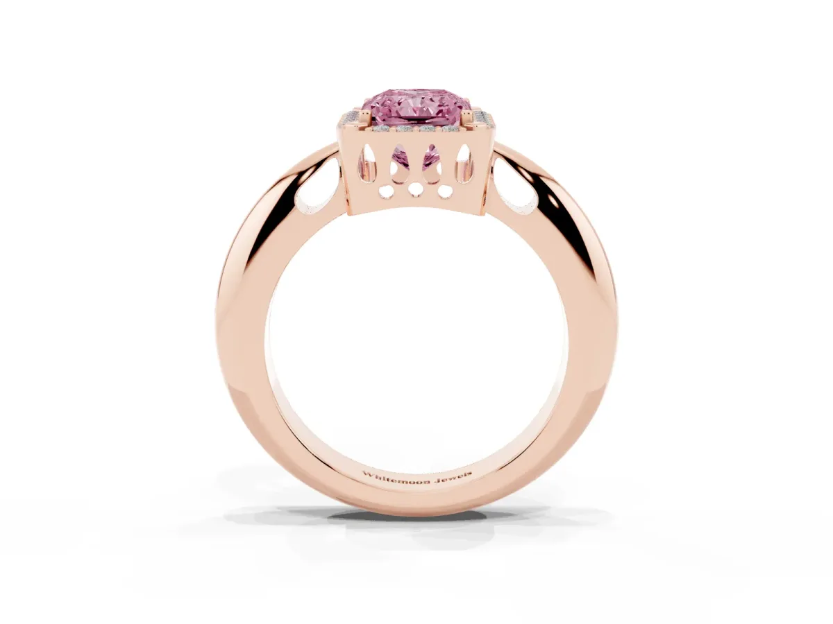 Fancy Pink Radiant Cut Cut Diamond Halo Engagement Ring with Split Shank and Four-Prong Setting Rose gold