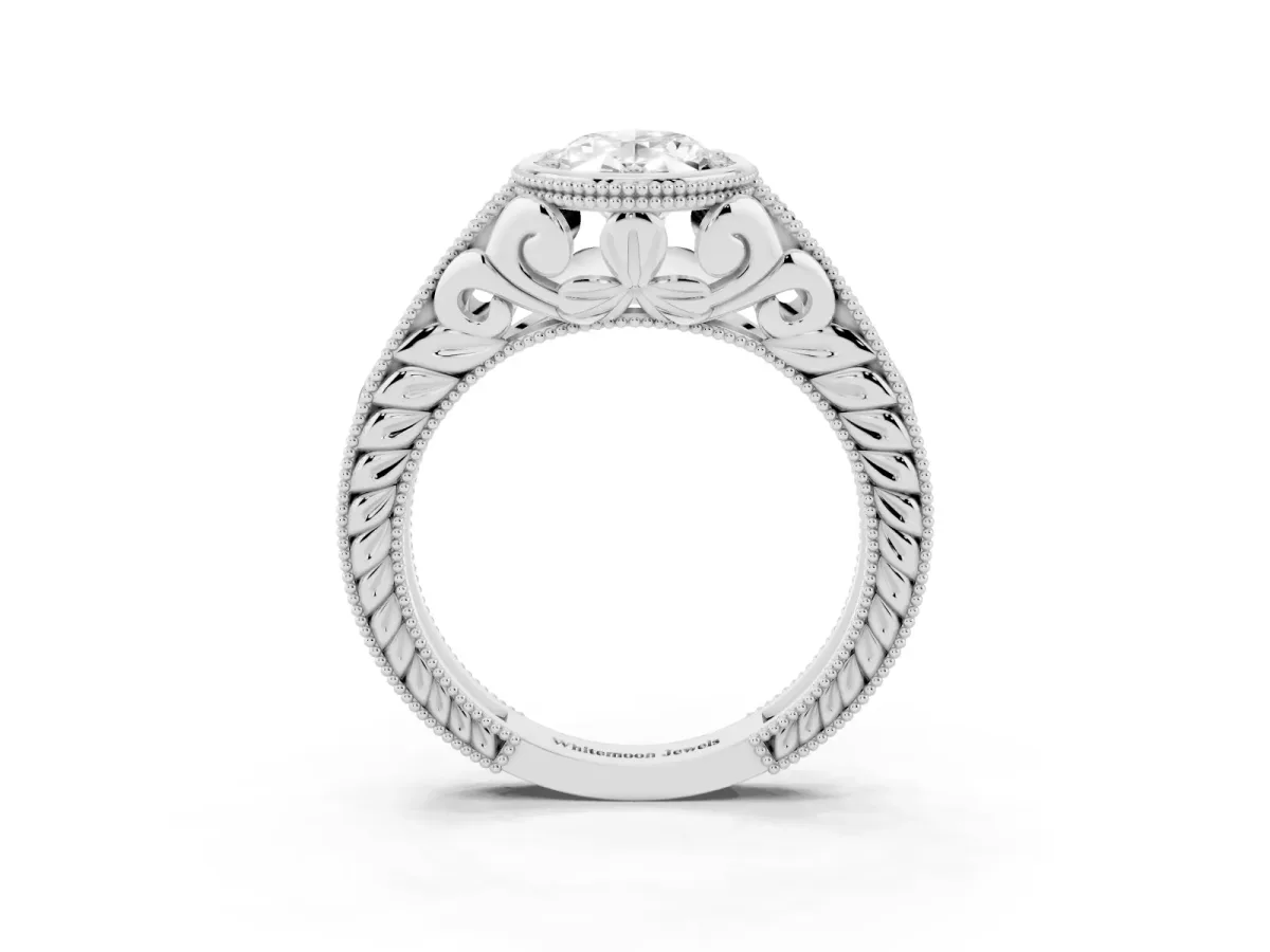 Bezel Set Oval Cut Diamond Milgrain Pave Engagement Ring Silver
