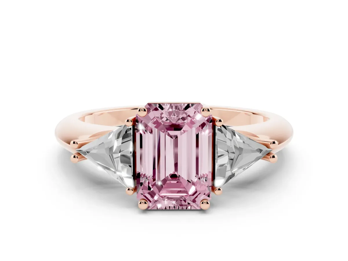 Fancy Pink Three-Stone Emerald Cut Diamond Engagement Ring with Trillion Side Stones and Prong Setting Rose gold