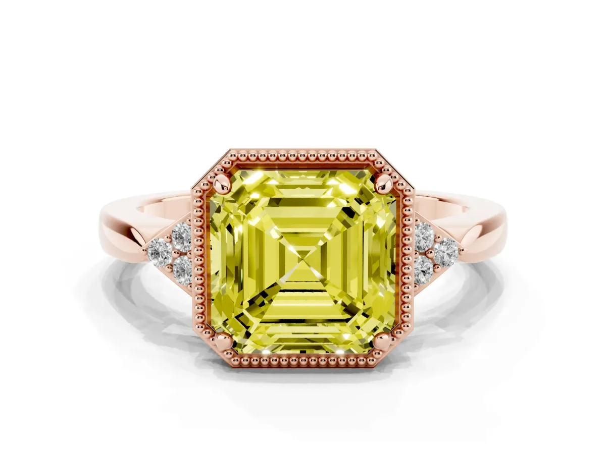 Fancy Yellow Asscher Cut Diamond Halo Ring with Tapered Band and Four-Prong Setting Rose gold