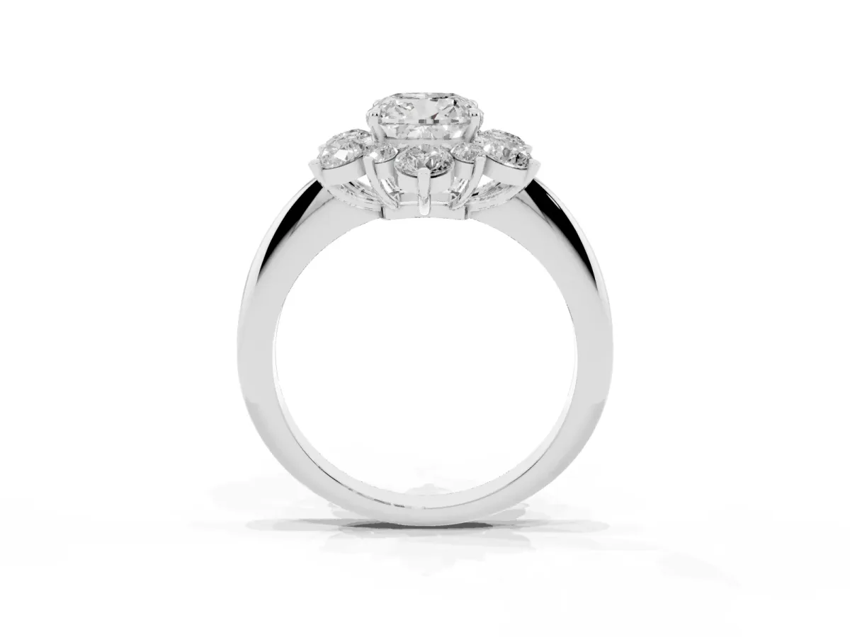 Cushion Cut Diamond Cluster Halo Ring with Solitaire Band and Four-Prong Setting Platinum